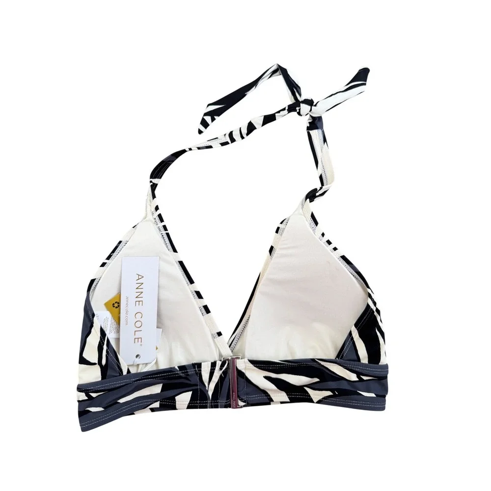 Anne Cole D Cup Halter Bikini Top Black White Palm Tropical Print Large‎ NEW